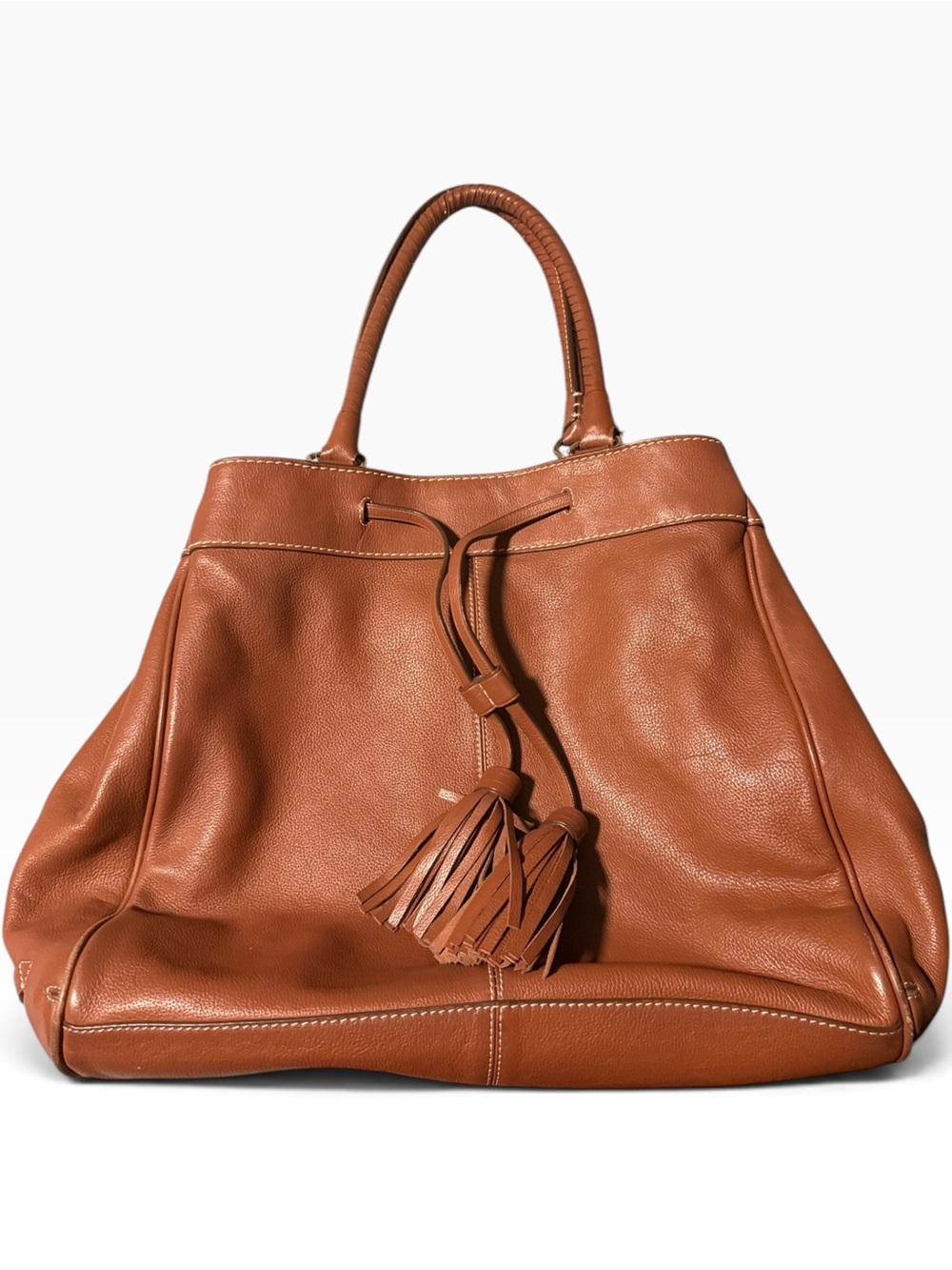 Cole Haan Double Strap Hobo Leather Purse Drawstring Tassel Accent Brown